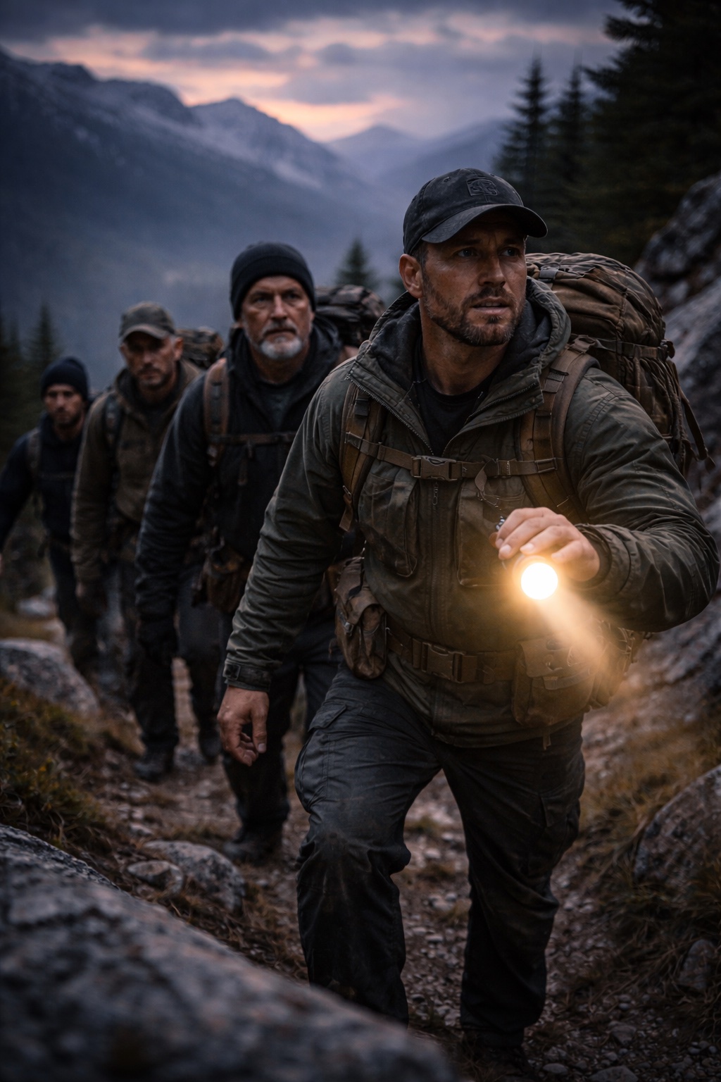 Men hiking a challenging trail, symbolizing protection and guardianship.